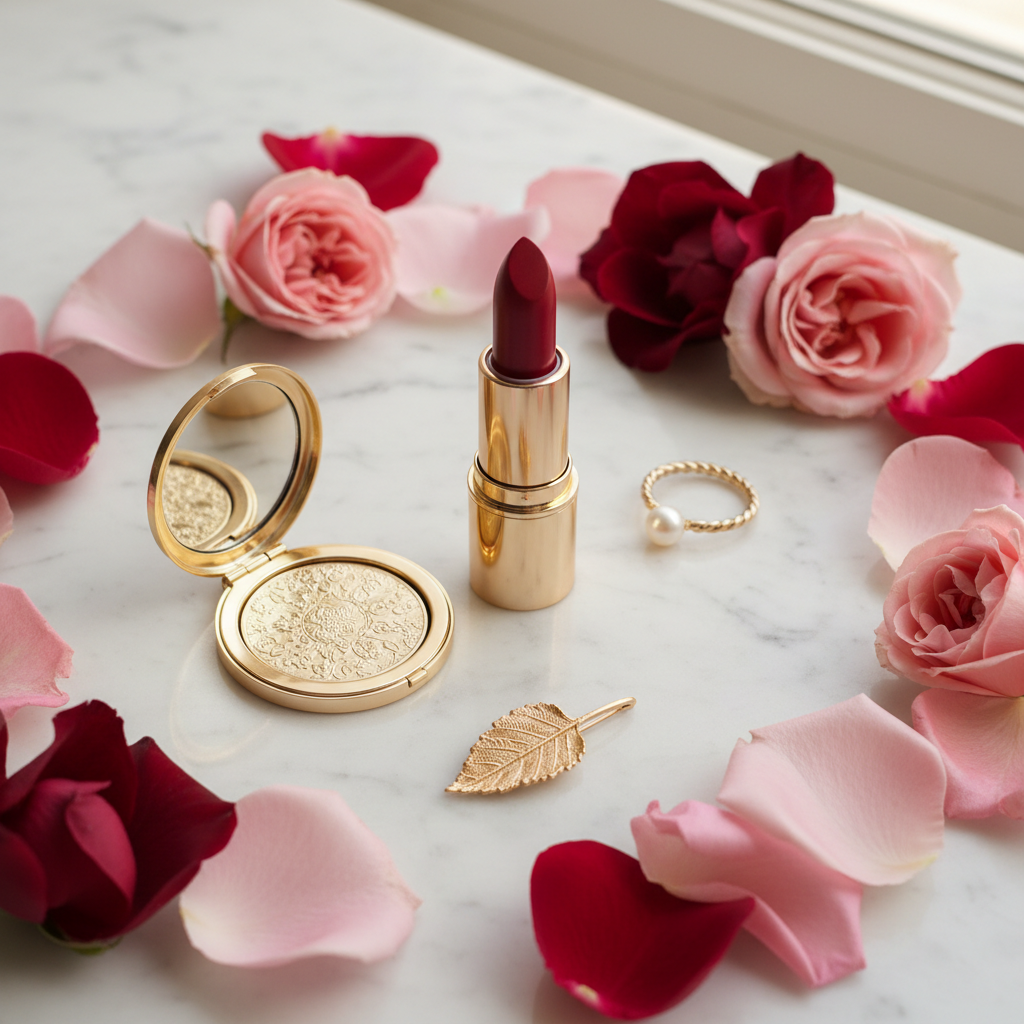 L'Oreal Color Riche lipstick on white marble with rose petals and gold compact mirror