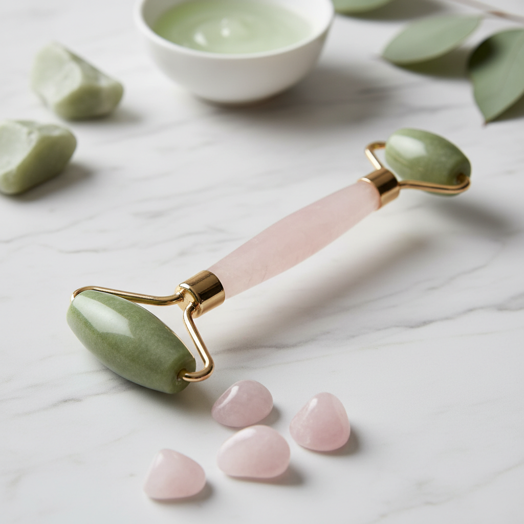 Jade facial roller with rose quartz handle on marble background