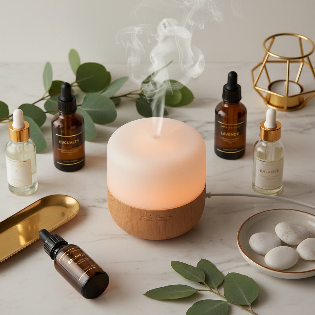 Portable ultrasonic humidifier and aroma diffuser glowing on white marble with eucalyptus and gold accents