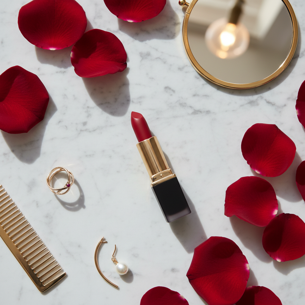 Matte luxe lipstick on white marble with red rose petals and gold accents