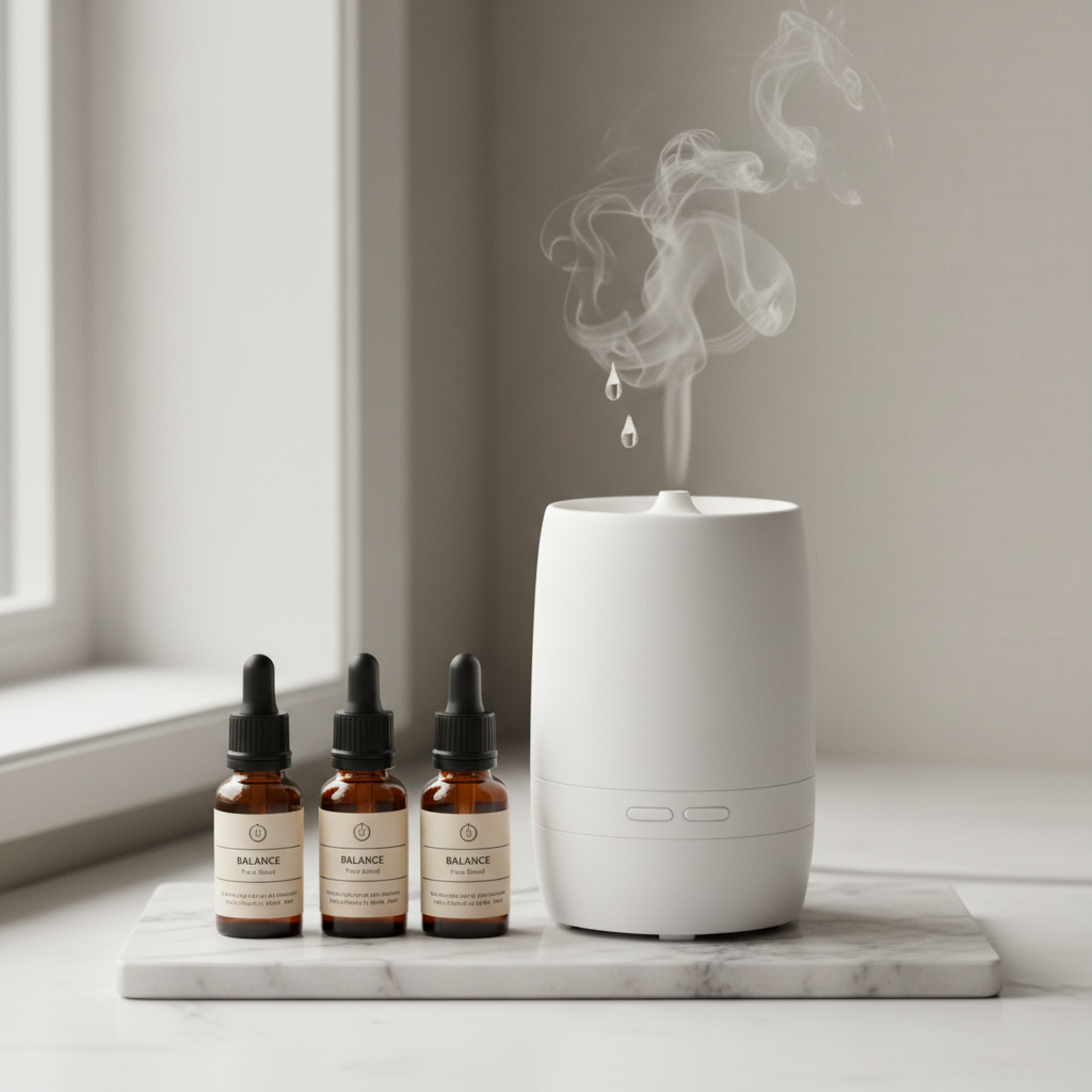 Ceramic essential oil diffuser with amber glass bottles on white marble background