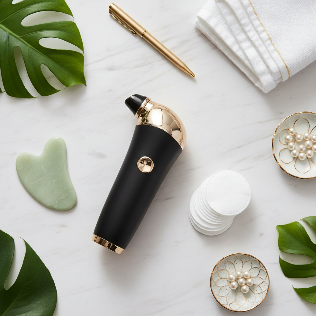 Portable deep pore cleaner and blackhead remover on white marble with jade stone, botanicals, and gold accents