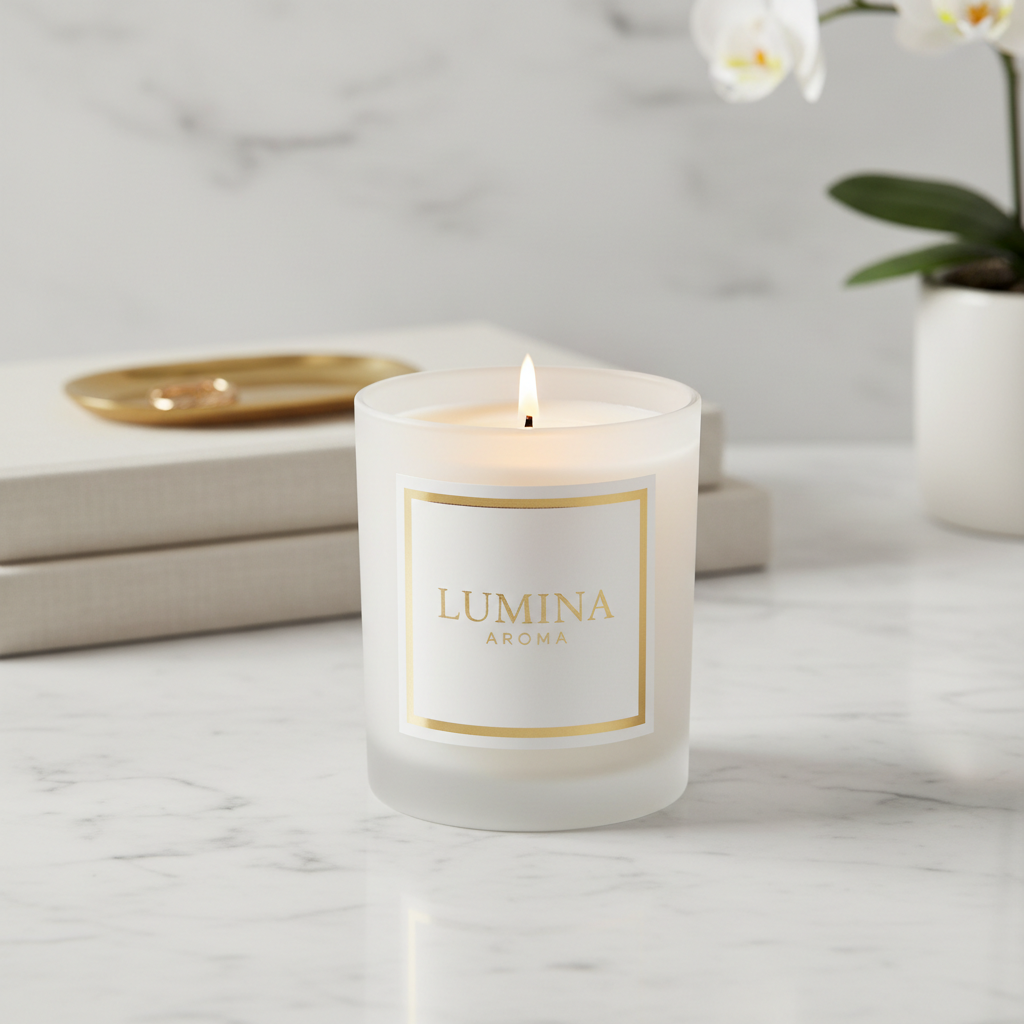 White glass scented candle with gold label glowing on marble background