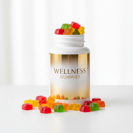 White supplement bottle with colorful vitamin gummies on clean background
