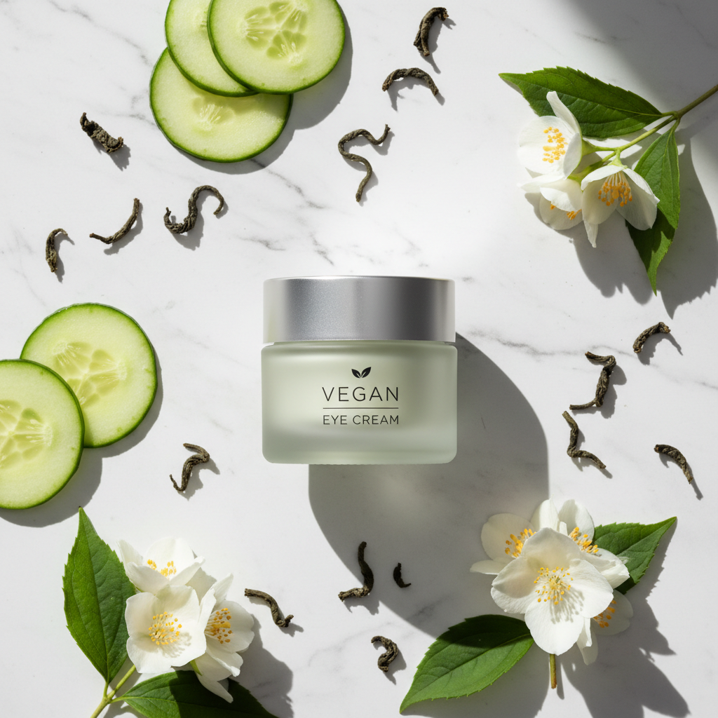 Vegan brightening eye cream in frosted glass jar on marble with cucumber slices and green tea leaves